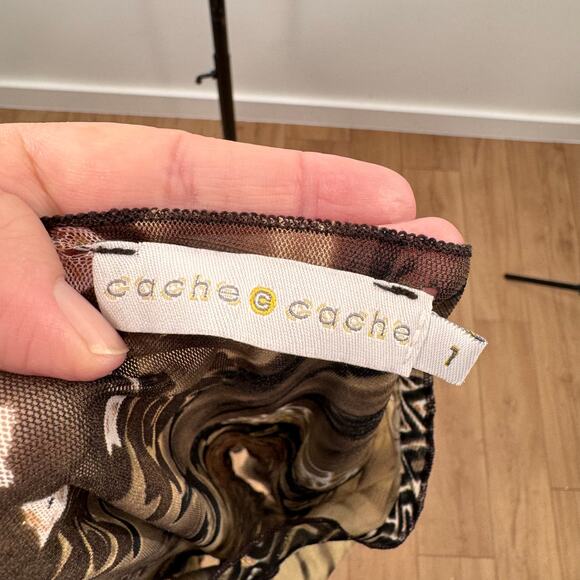 Cache Cache Sheer Mesh Top Brown Abstract Print Asymmetrical Y2K Vintage Size XS - Picture 9 of 10